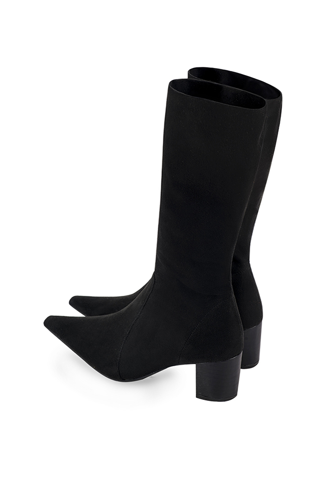 Matt black women's mid-calf boots. Tapered toe. Medium block heels. Made to measure. Rear view - Florence KOOIJMAN